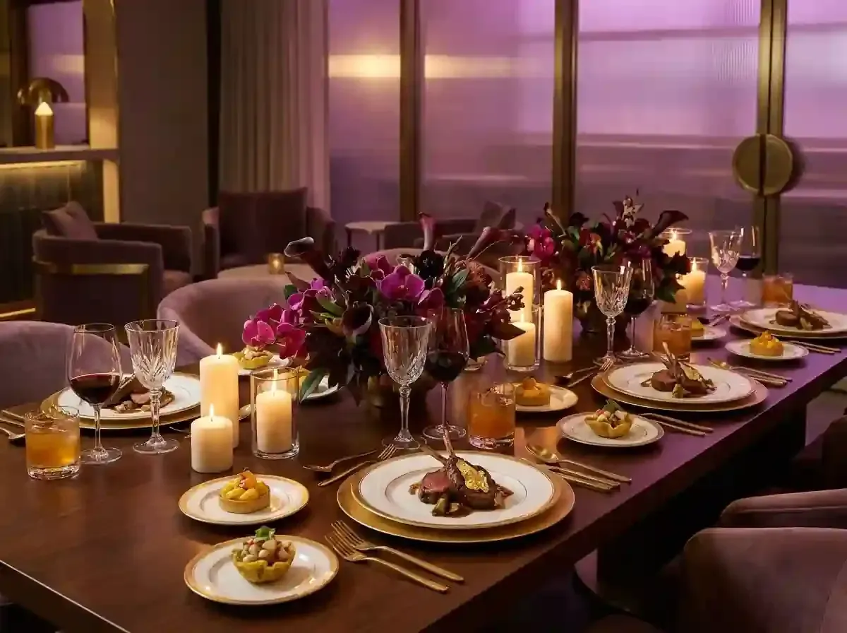 Elegant dining table set with candles, flowers, wine glasses