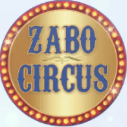 Round Zabo Circus sign in blue letters on a gold background with a ring of lights
