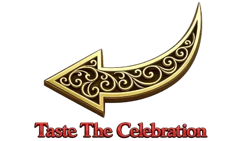 Gold decorative arrow pointing to “Taste The Celebration” text on a white background