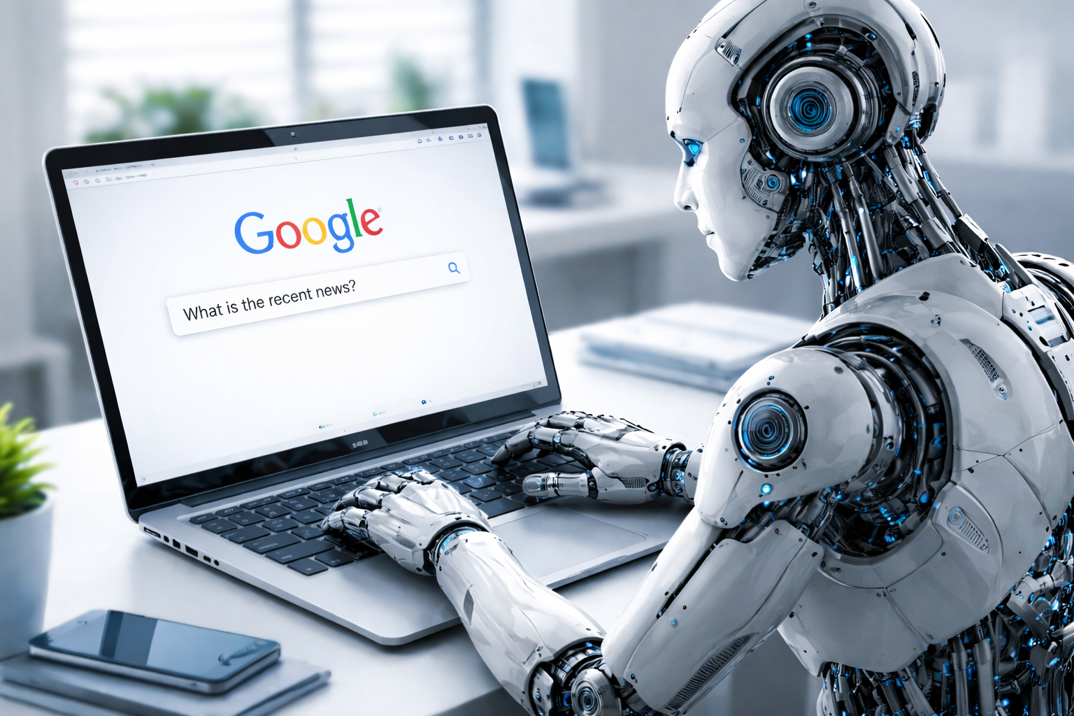 Robot googling what the recent news relating to the knowledge cutoff and how AI is only trained up until a certain date is.