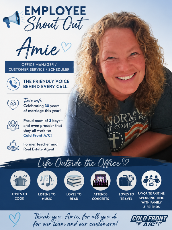 Employee shout-out for Tim, owner of Cold Front A/C, featuring a professional photo and business details on a wintry theme.