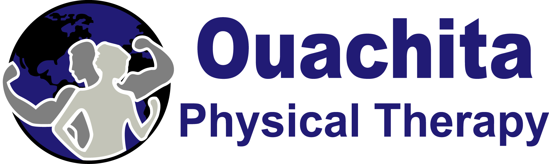 A logo for ouachita physical therapy with a globe in the background