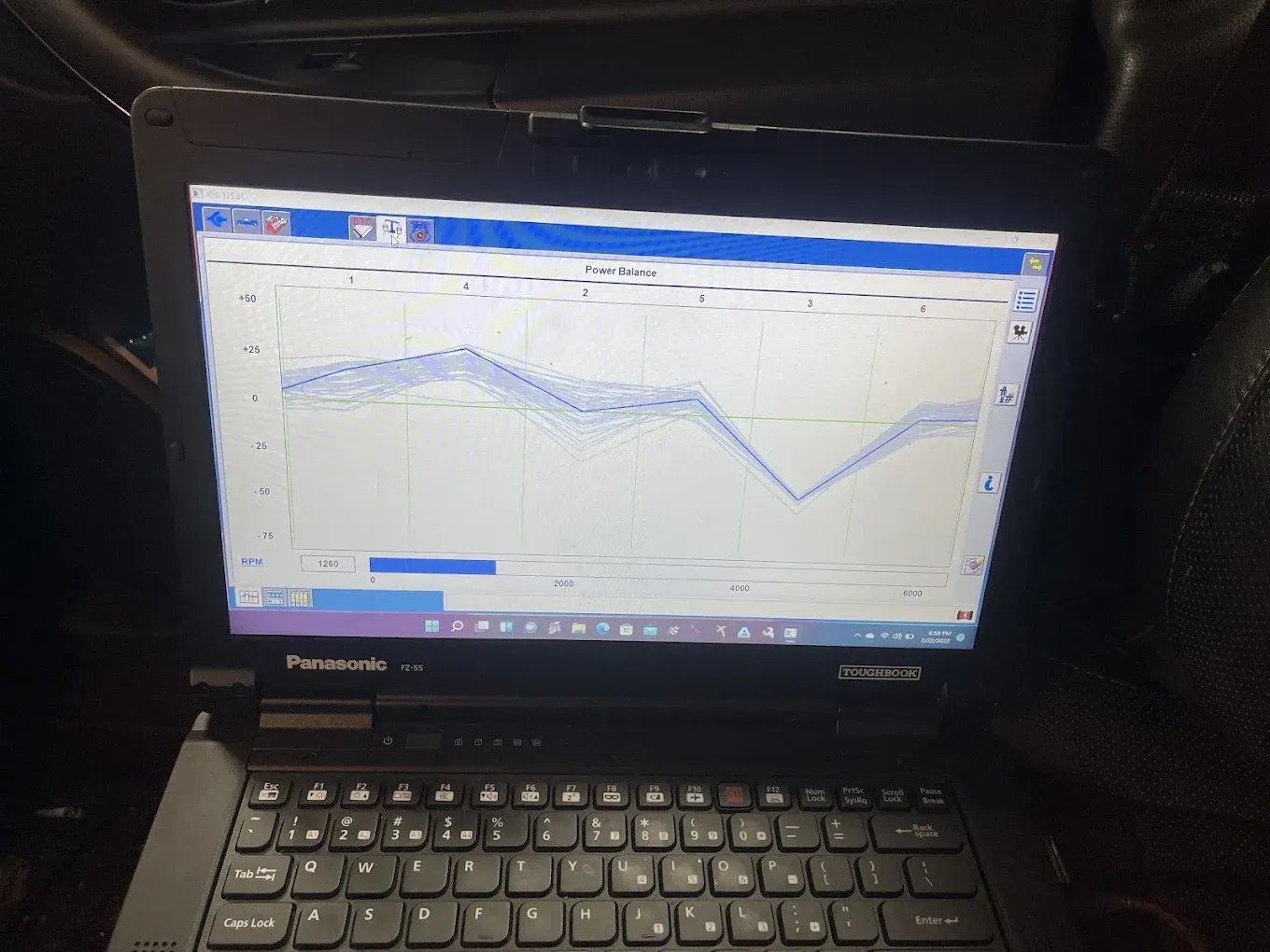 Laptop displaying automotive diagnostic waveforms.