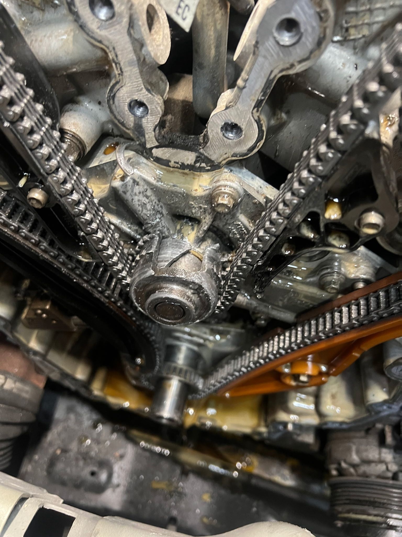 Engine internals with timing chains, sprockets, and oil visible.