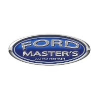 Ford Master's Auto Repair logo, oval shape, dark blue background with silver letters.