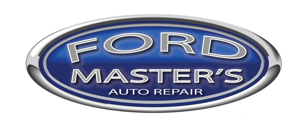 Ford Master's Auto Repair logo, oval shape, dark blue background with silver letters.