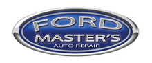 Ford Master's Auto Repair logo, oval shape, dark blue background with silver letters.