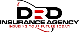 DRD Insurance Agency logo with black and red text and a curved graphic.