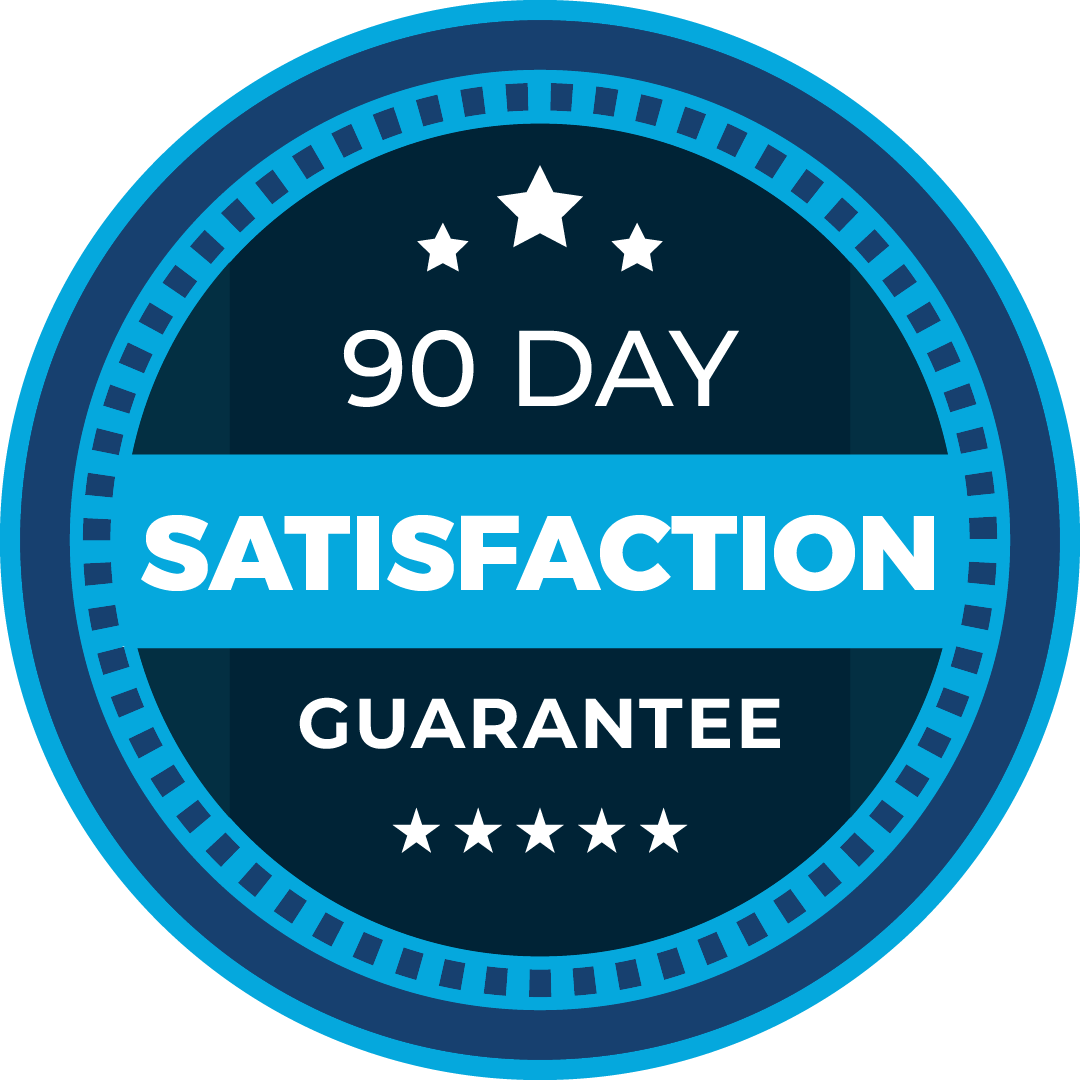 A 90 day satisfaction guarantee sticker in a blue circle