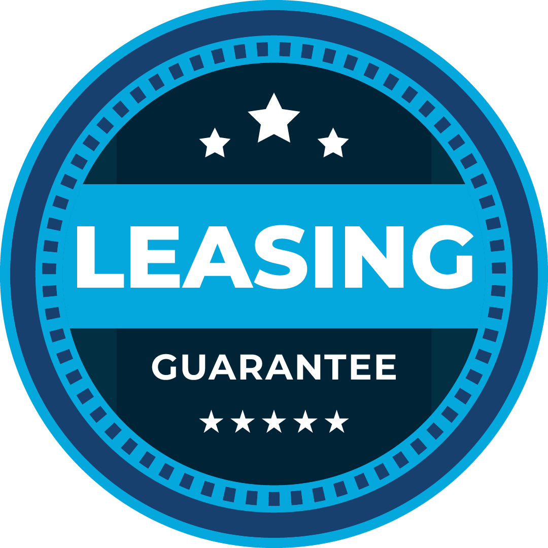 A blue circle with the words leasing guarantee on it