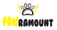 A logo for a company called paw ramount with a paw print and two forks.