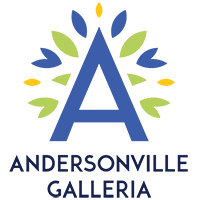 The logo for andersonville galleria has a blue letter a with green leaves around it.