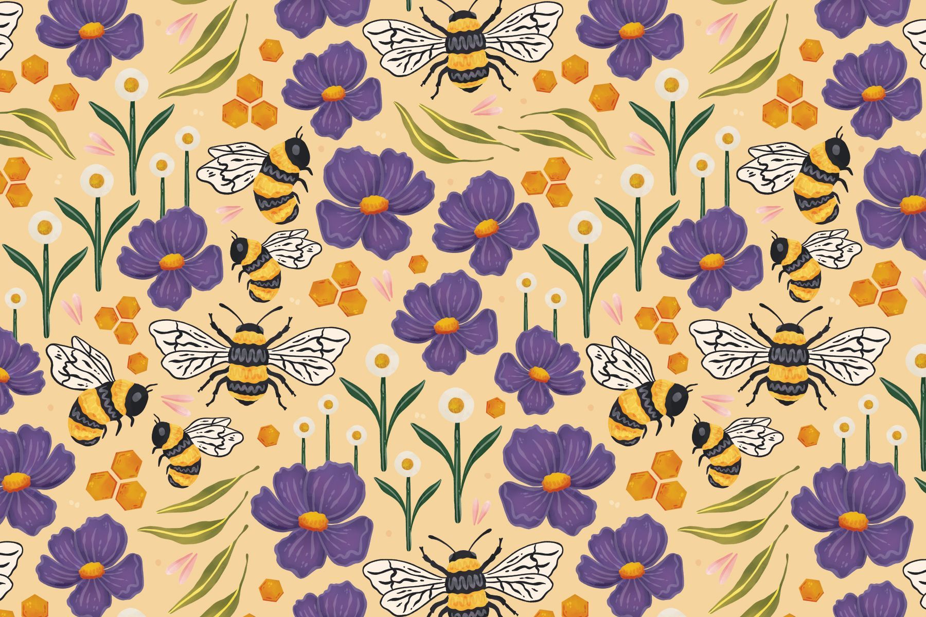 Patterned wallpaper featuring bumblebees, purple flowers, green stems, and golden honeycombs on a light peach background.