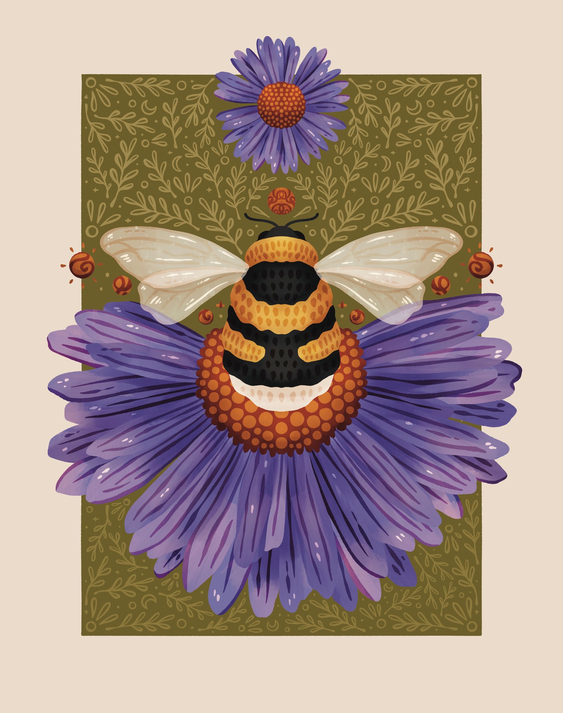 A bumblebee rests on a large purple flower, set against a green, patterned background with a smaller flower above.
