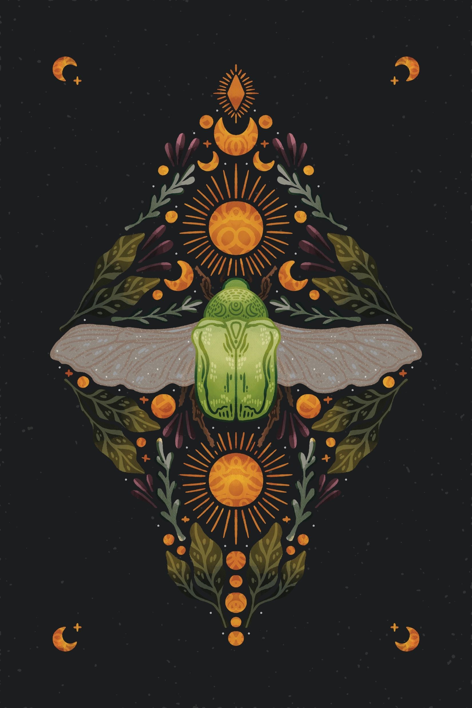 A symmetrical, ornate illustration of a green beetle with wide wings, surrounded by golden suns, moons, and dark foliage.