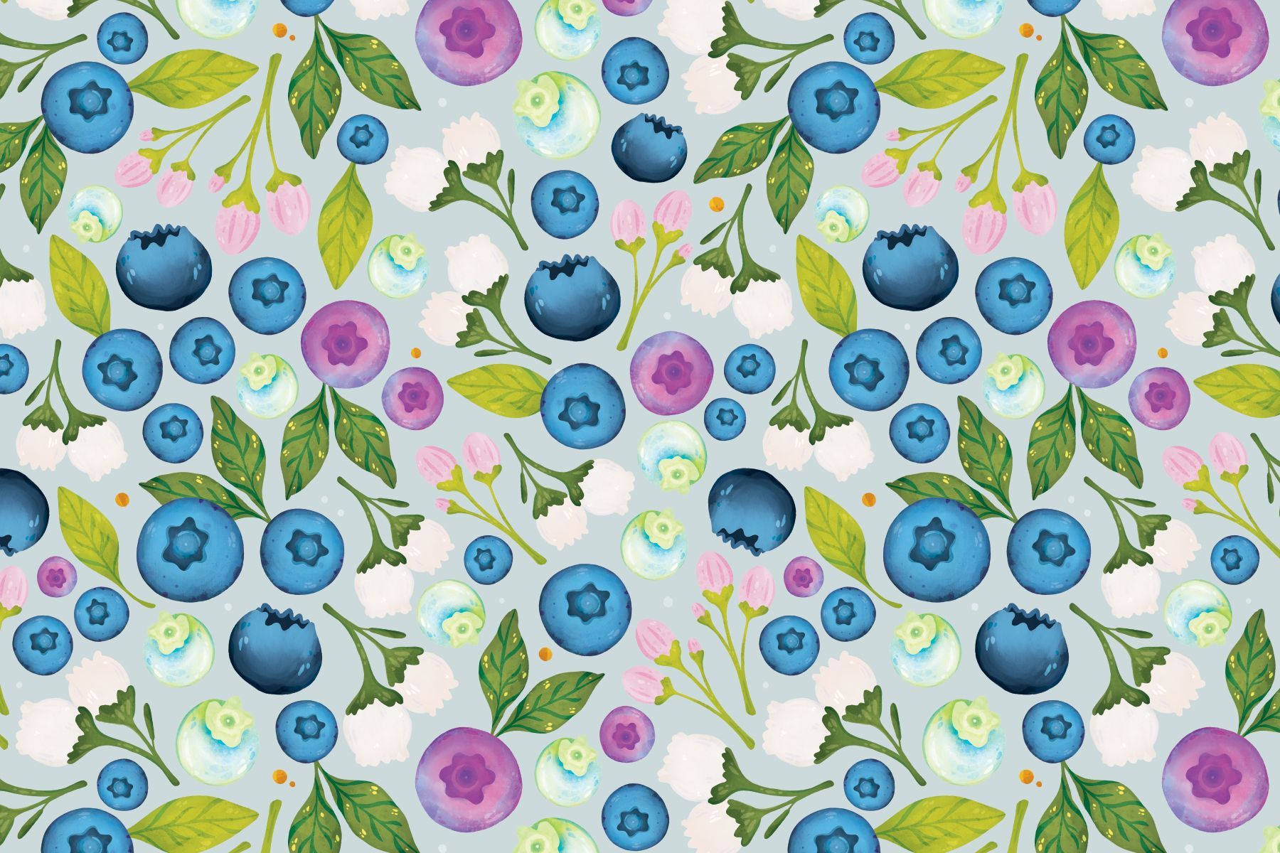 A repeating pattern of blueberries, small white flowers, green leaves, and soft purple berries on a pale blue background.