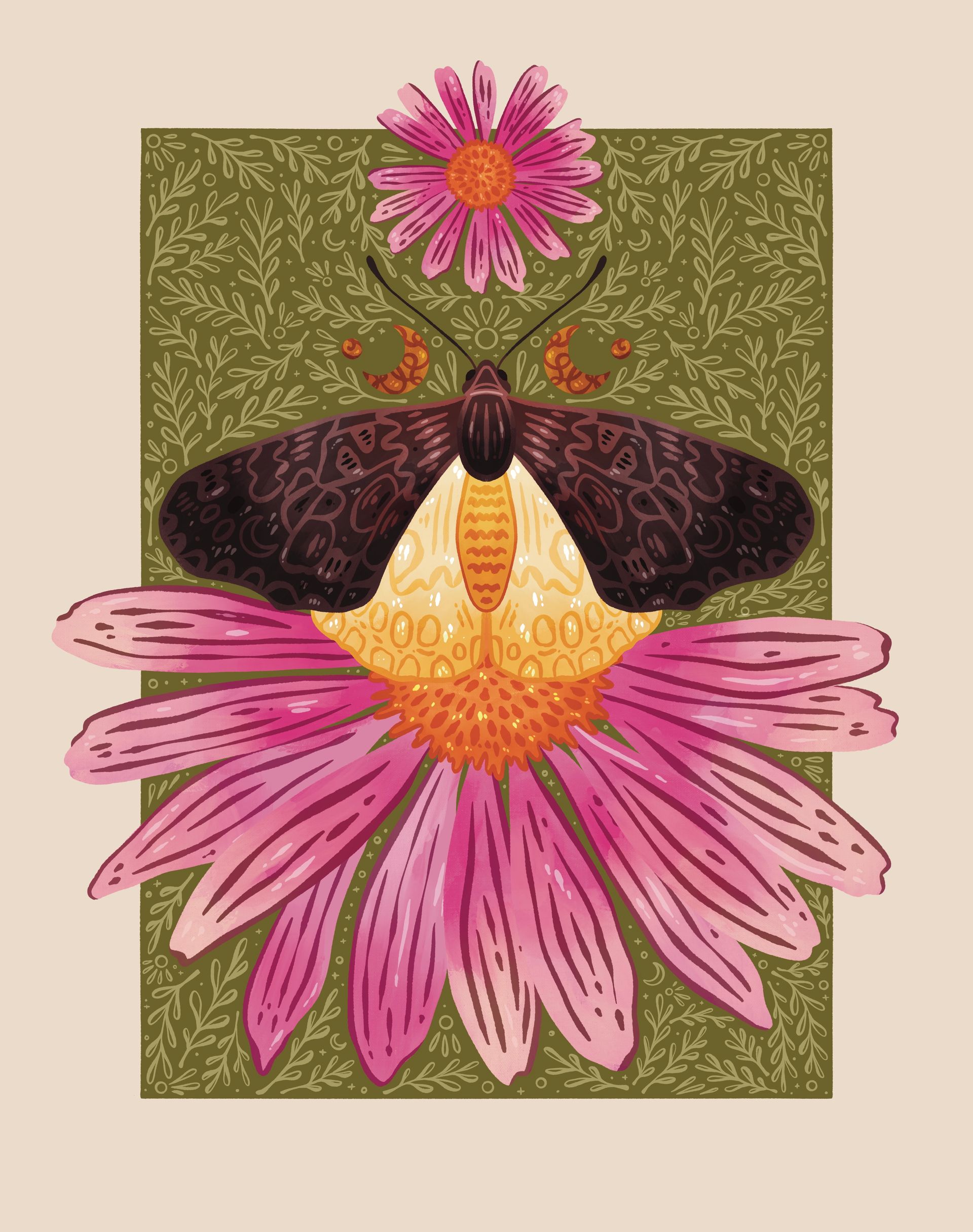 A dark patterned moth rests on a pink coneflower against a green botanical background with two small crescent moons.