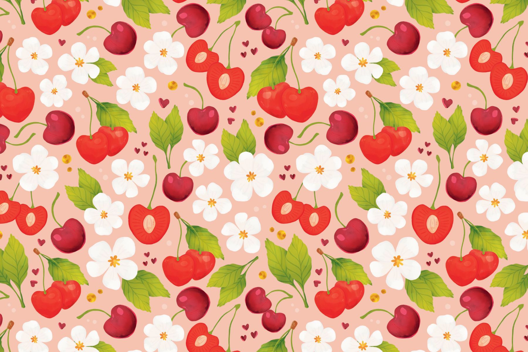 A repeating pattern of cherries, cherry blossoms, and small red hearts on a light pink background.