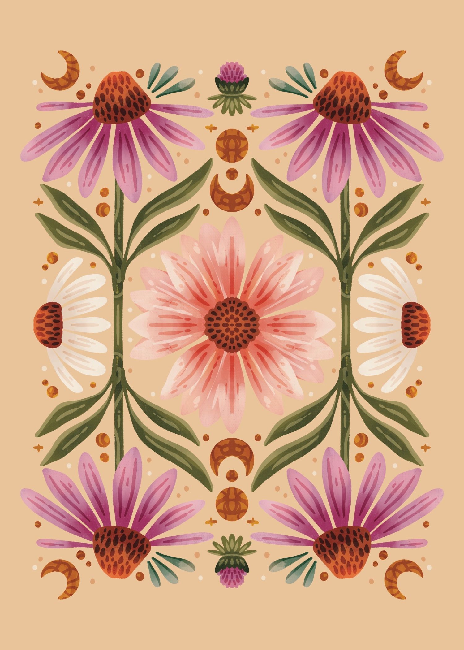 A symmetrical botanical pattern featuring purple echinacea flowers, small moons, and gold dots on a beige background.