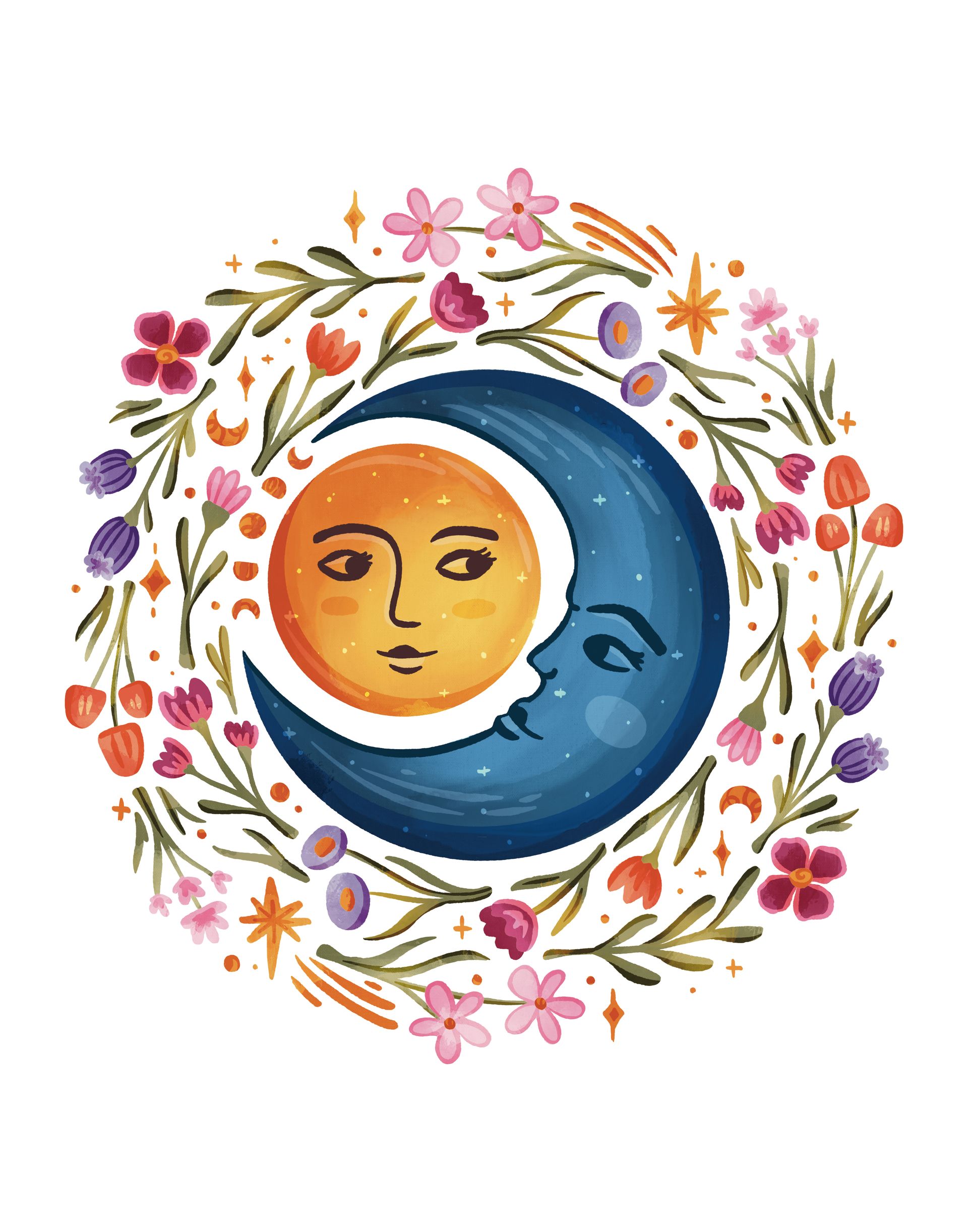 A golden sun with a gentle face rests inside a dark blue crescent moon, surrounded by a vibrant, circular floral wreath.