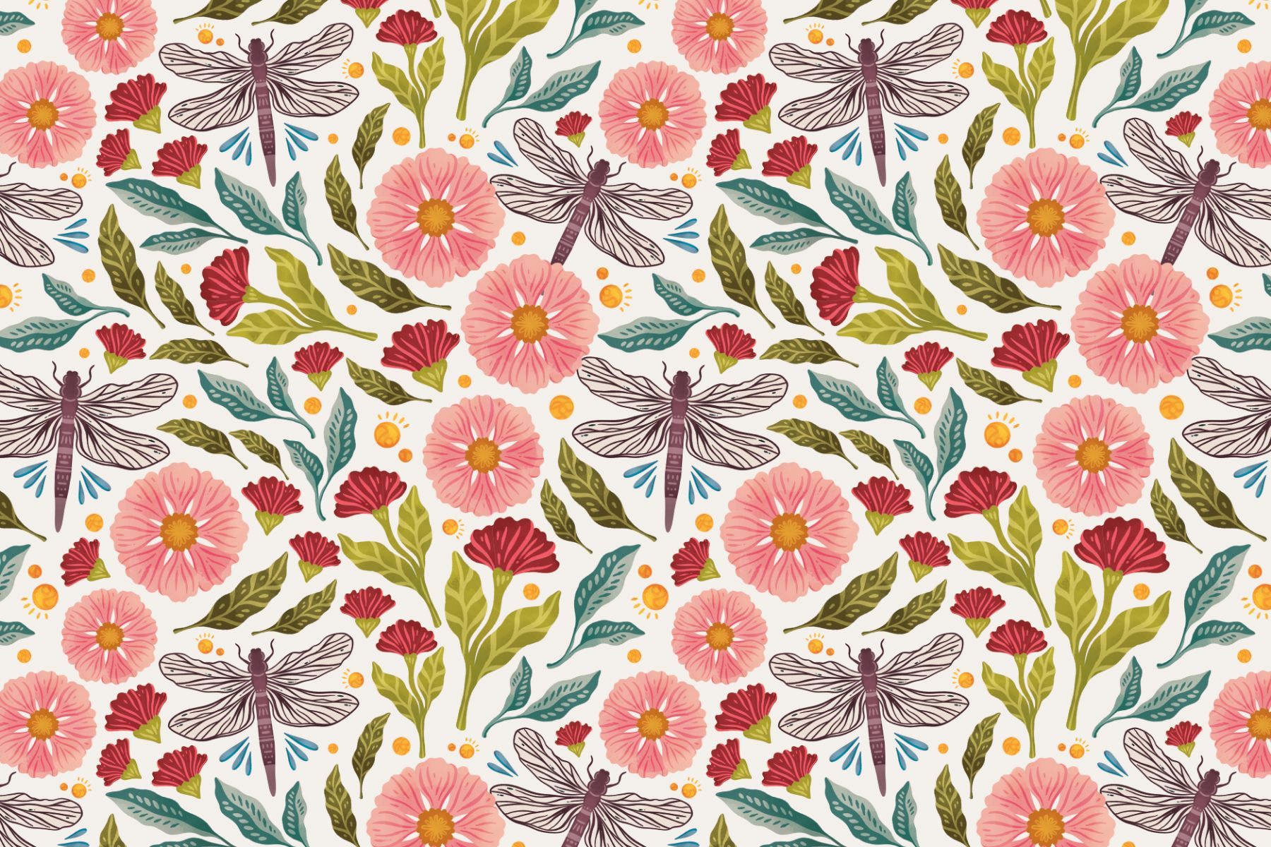 Seamless pattern featuring pink flowers, dark red buds, green leaves, and grey dragonflies on a cream background.