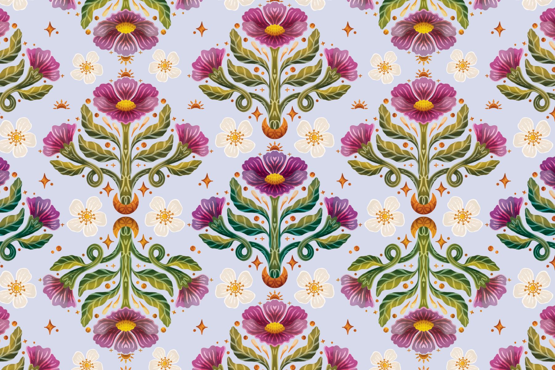 A seamless pattern of stylized magenta flowers and green leaves on a light blue background, accented with small gold stars.