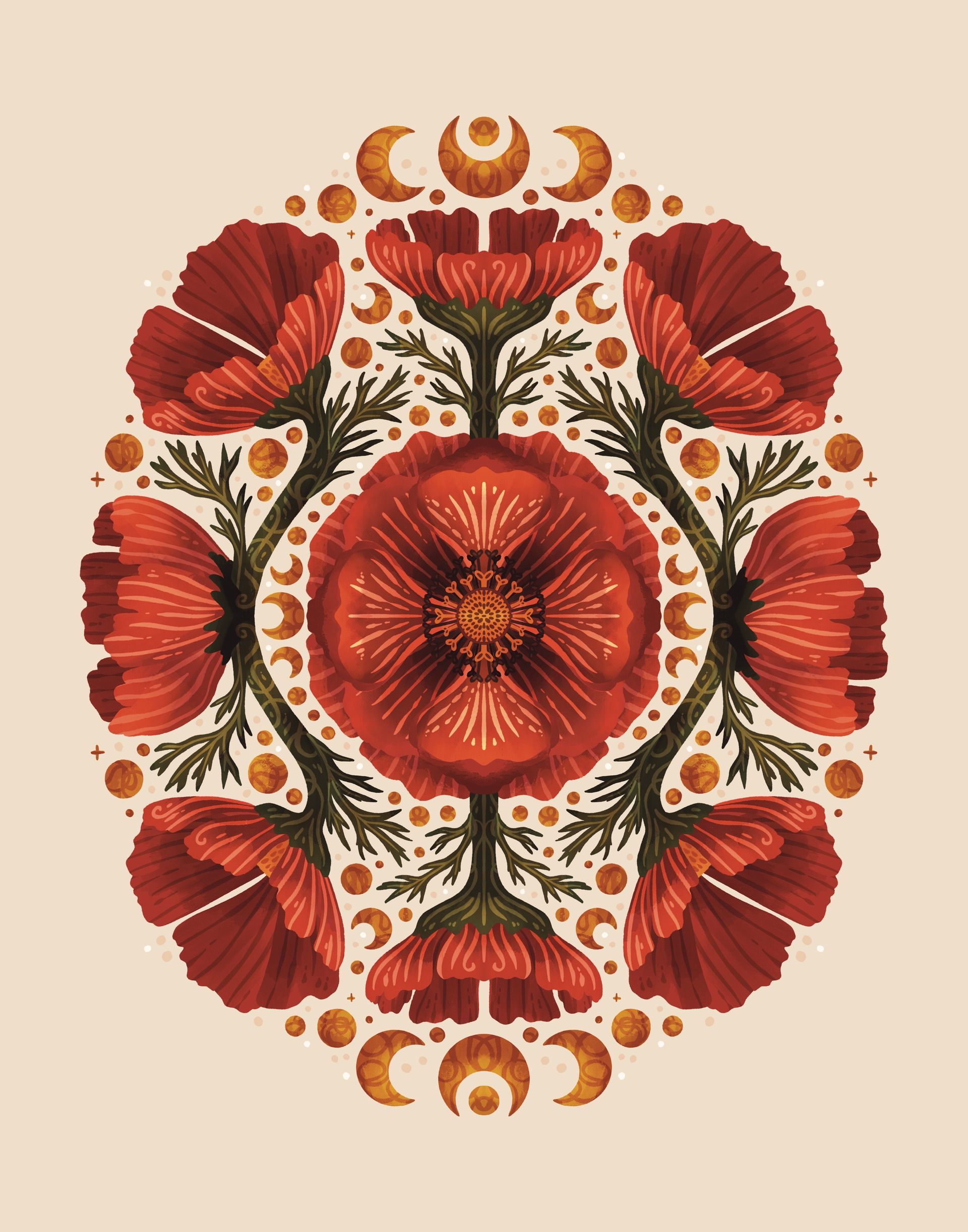 Symmetrical arrangement of red poppy flowers and orange moon phases on a light background.