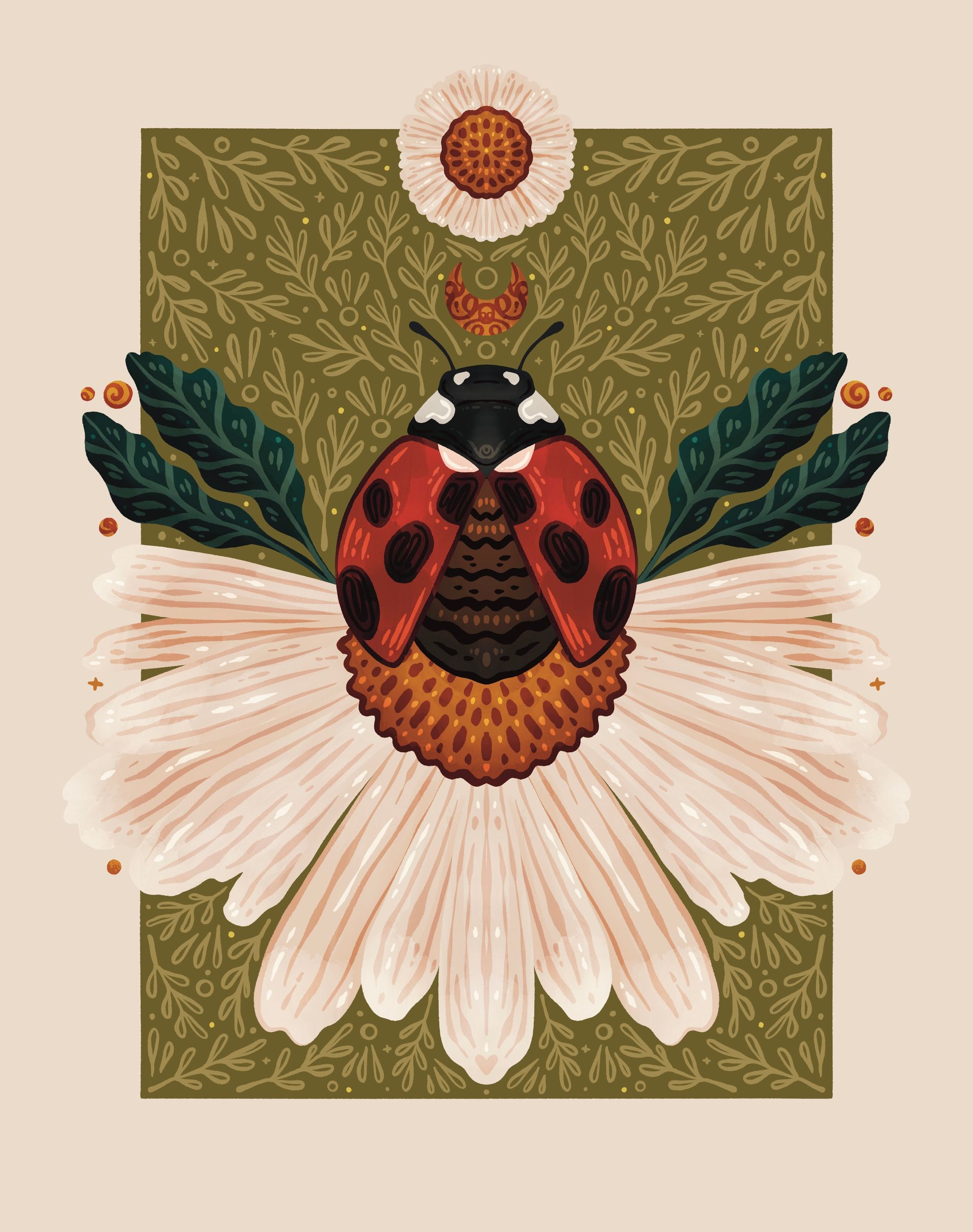 An illustration of a ladybug centered on a daisy, with dark leaves, a floral background, and a crescent moon symbol.