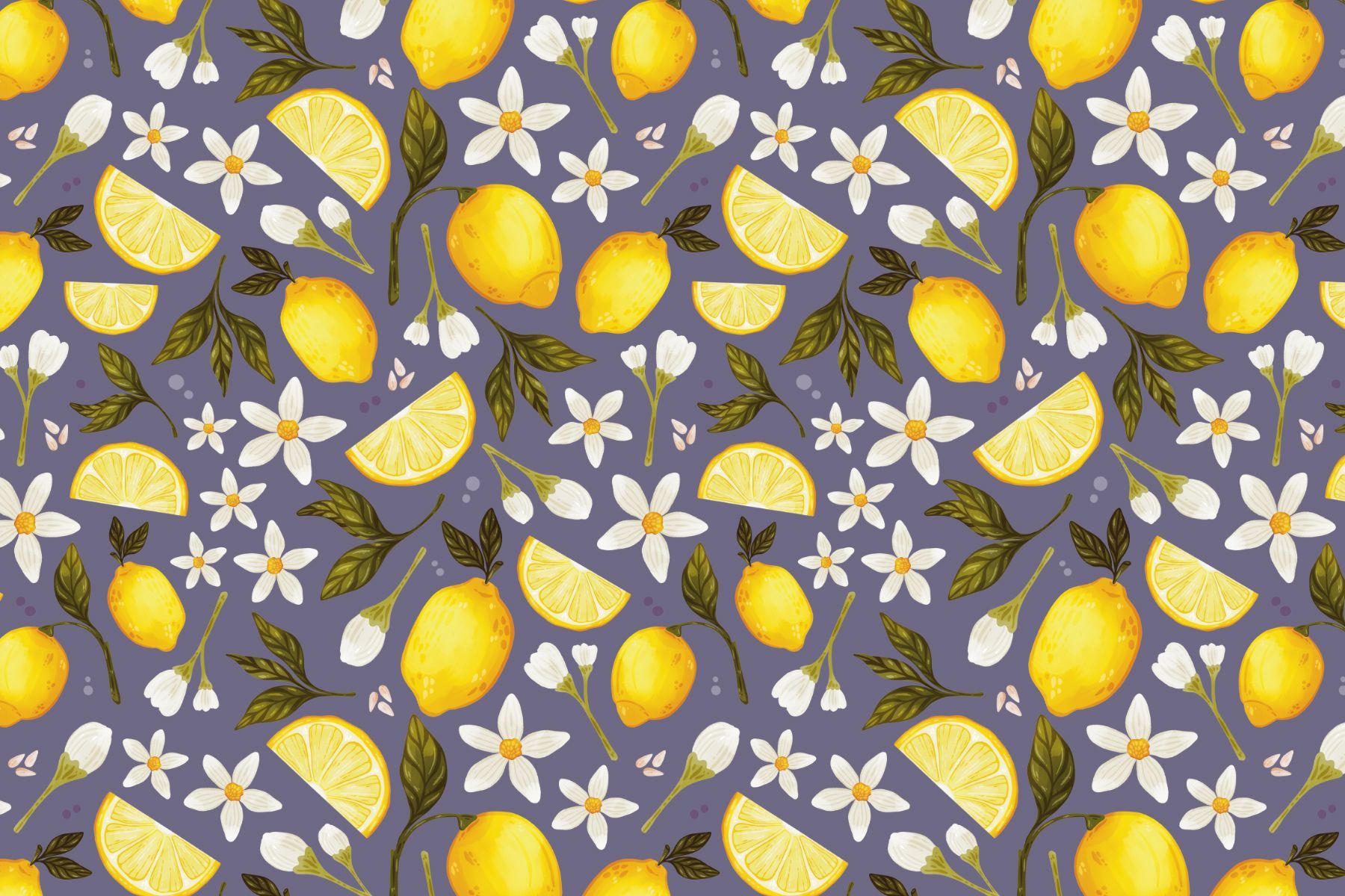 Pattern of yellow lemons, lemon slices, and white blossoms on a dark grayish-blue background.