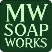 the logo for mw soap works is green and white .