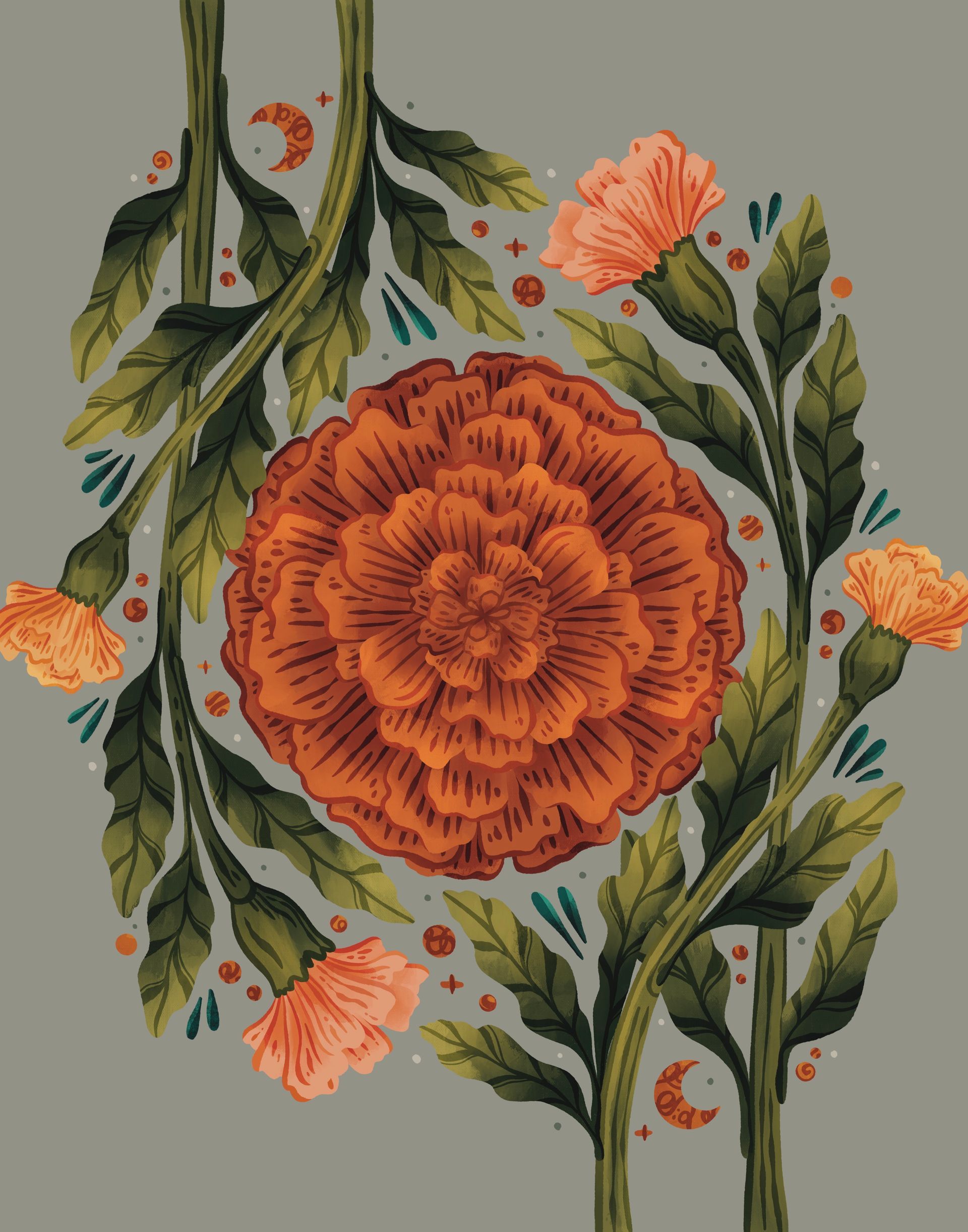 An illustration of a large, dark orange marigold surrounded by smaller orange flowers and green leaves on a grey background.
