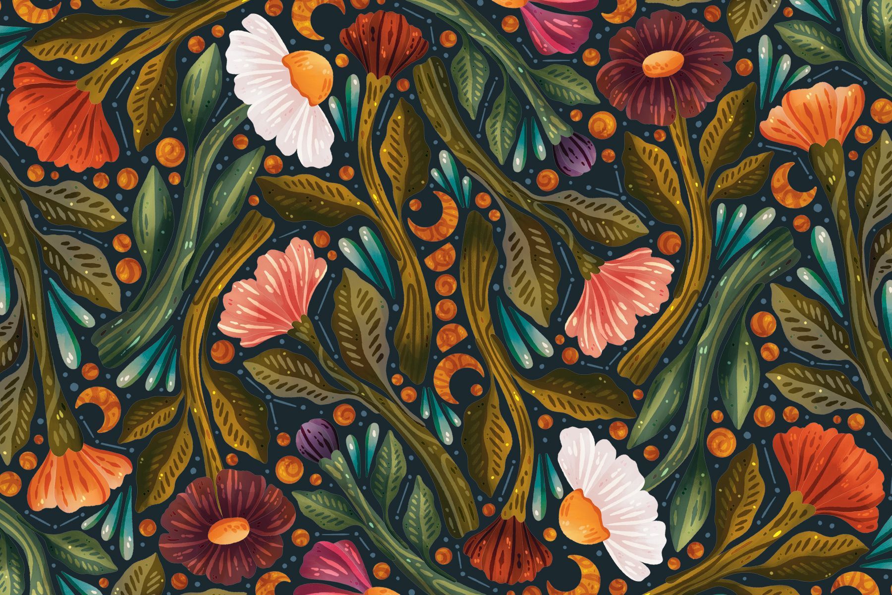 Botanical pattern on a dark background featuring orange, pink, and white flowers, green foliage, and small golden moons.