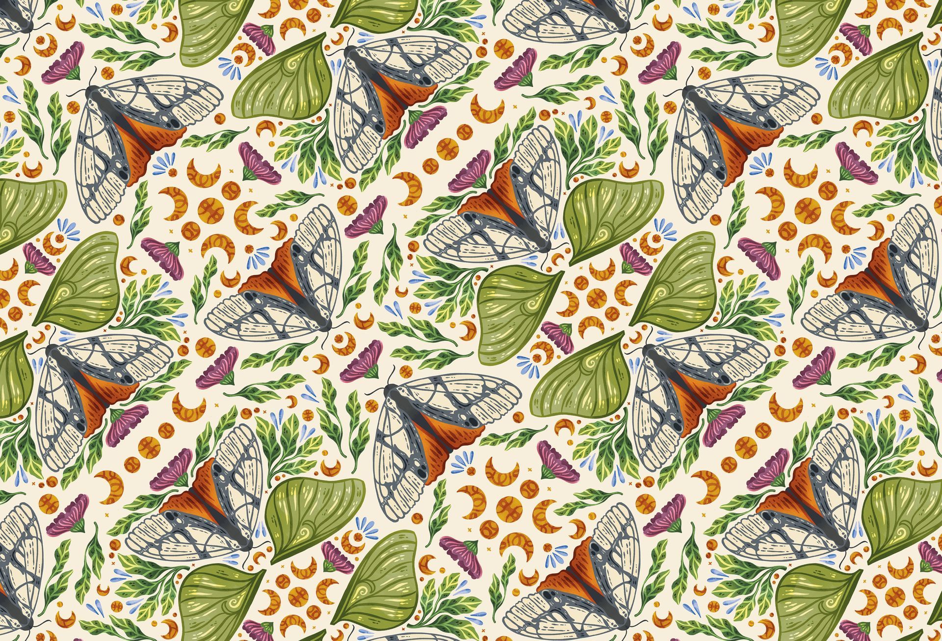 Pattern featuring moths, crescent moons, and green leaves in soft earth tones on a cream background.