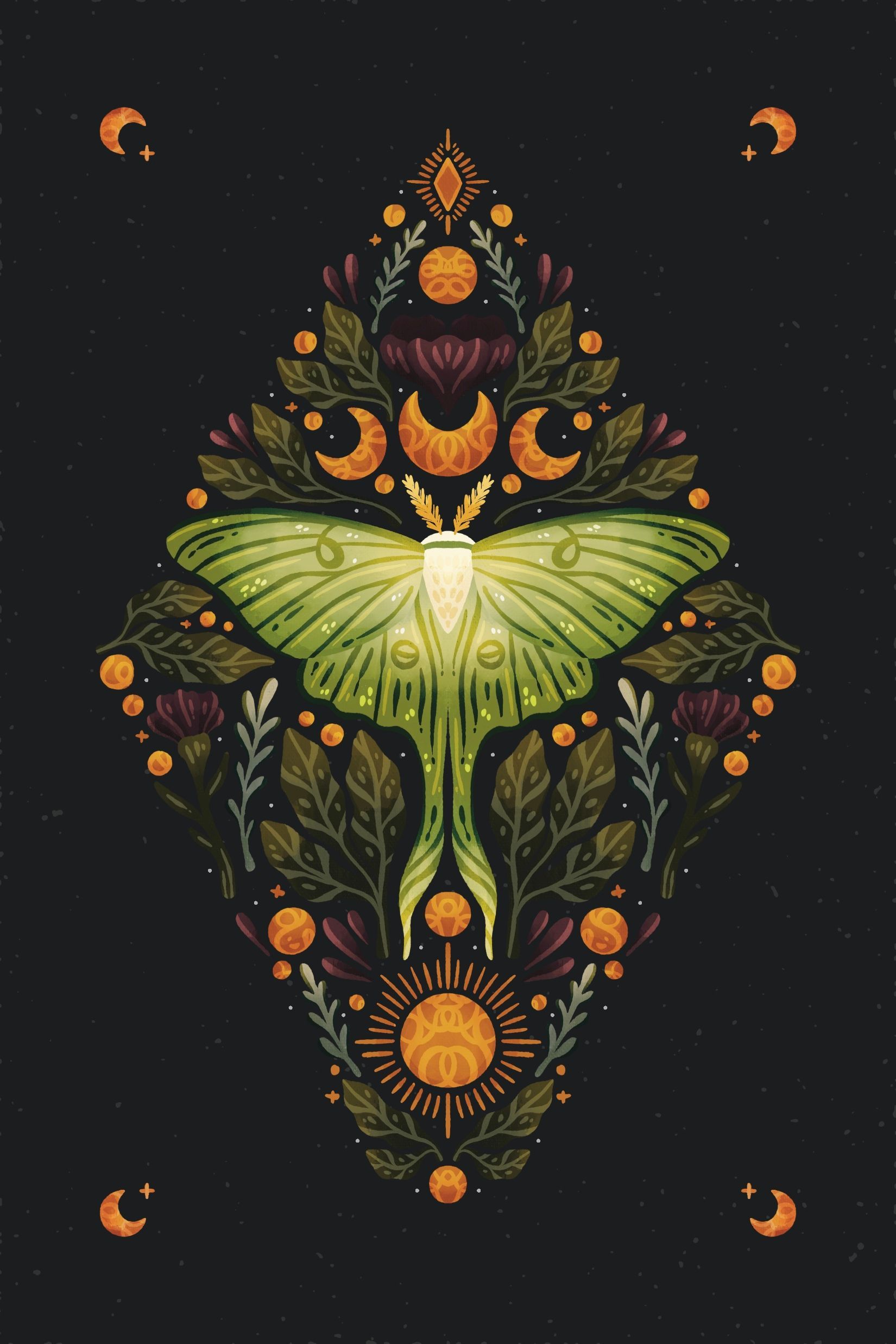A symmetrical, diamond-shaped illustration of a pale green moth surrounded by botanical motifs, moons, and a sun on black.