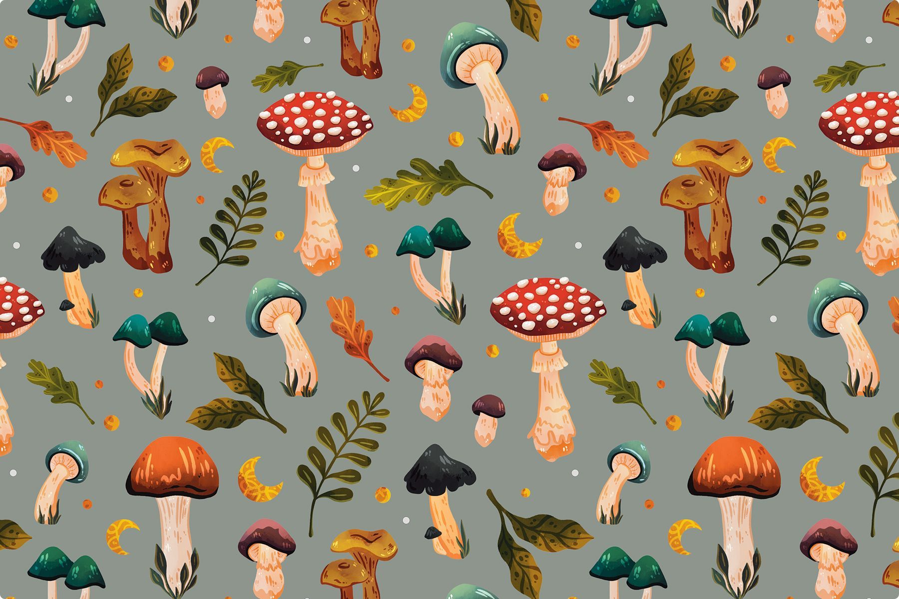 Pattern of various mushrooms, green leaves, and small yellow crescent moons on a soft sage green background.