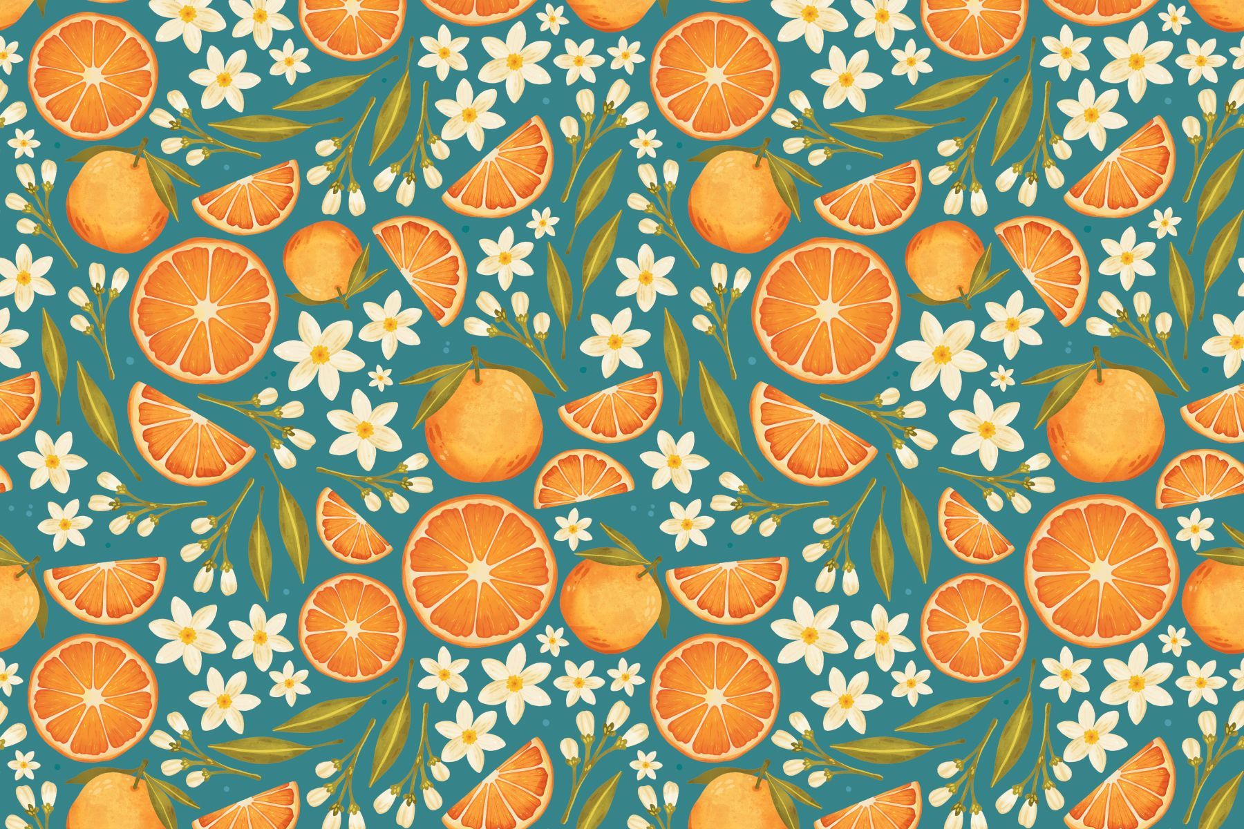 Pattern of orange slices, whole oranges, and white blossoms on a dark teal background.