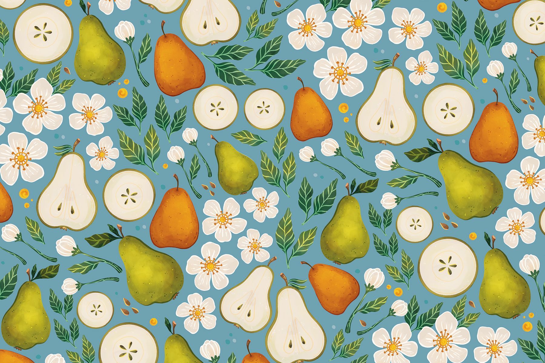 A repeating pattern of green and orange pears, pear slices, and white blossoms on a light blue background.