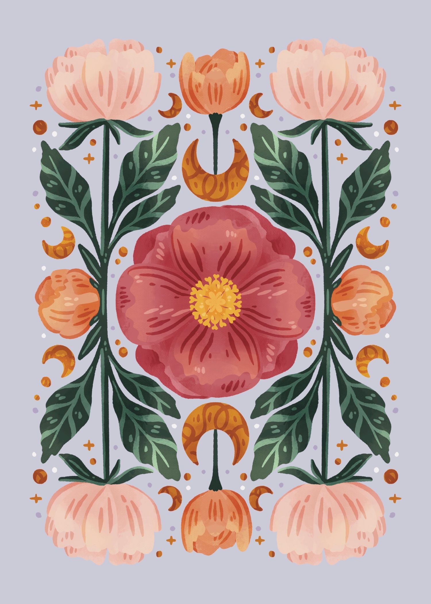 A symmetrical digital illustration of a large red flower centered among pink peonies, green leaves, and crescent moons.