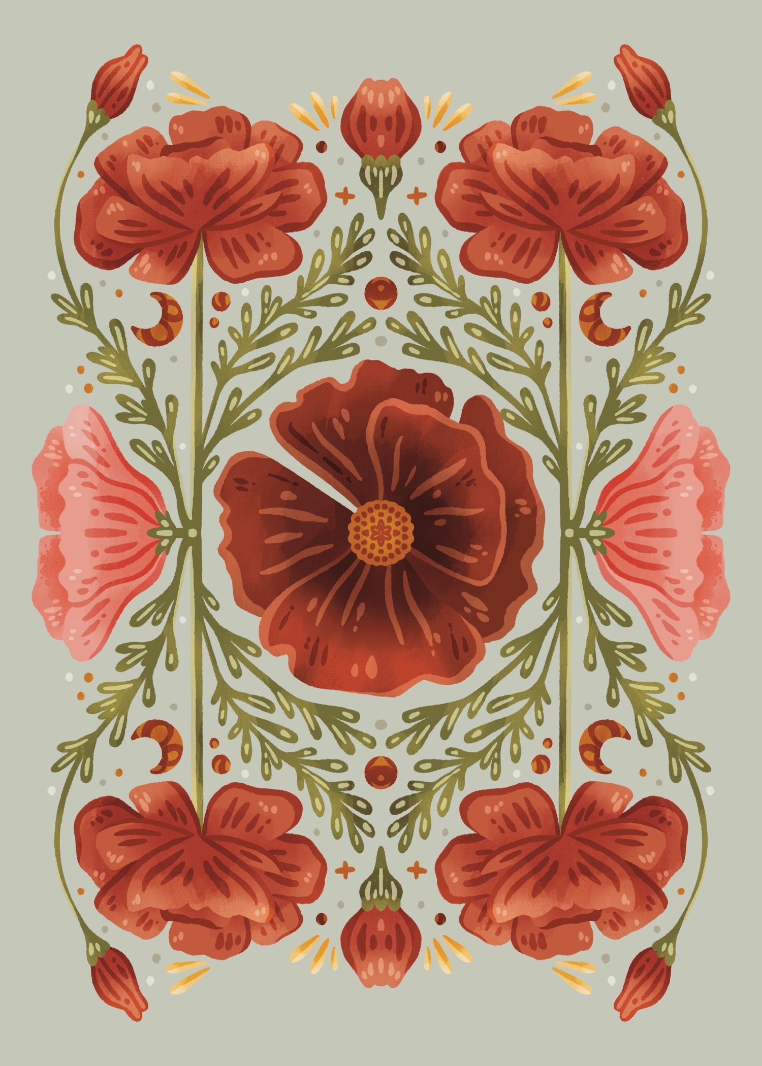 A vertical, symmetrical illustration of red poppies with green foliage, small moons, and stars on a pale sage background.