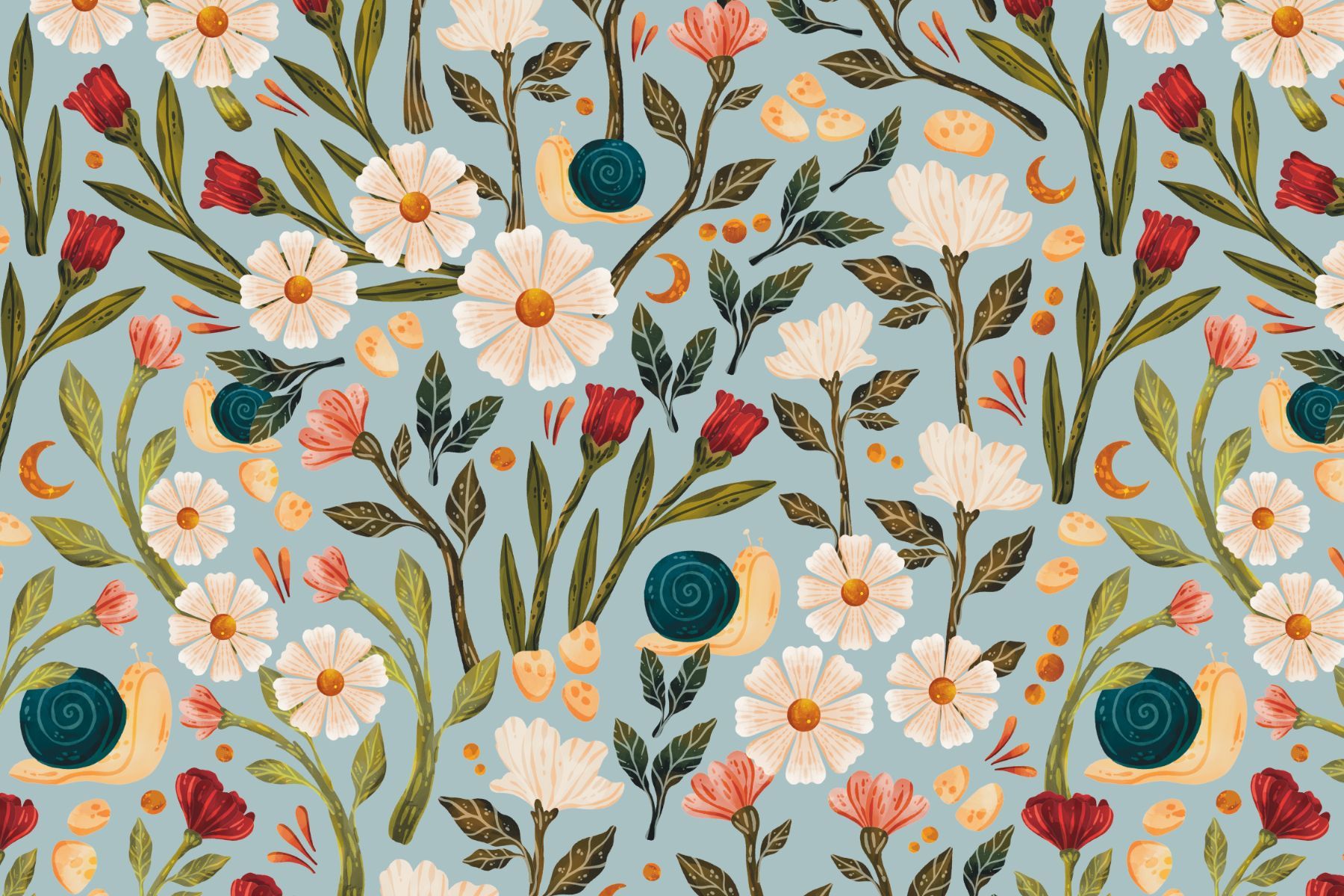 Pattern of white daisies, red flowers, and teal snails on a light blue background with small golden moon crescents.