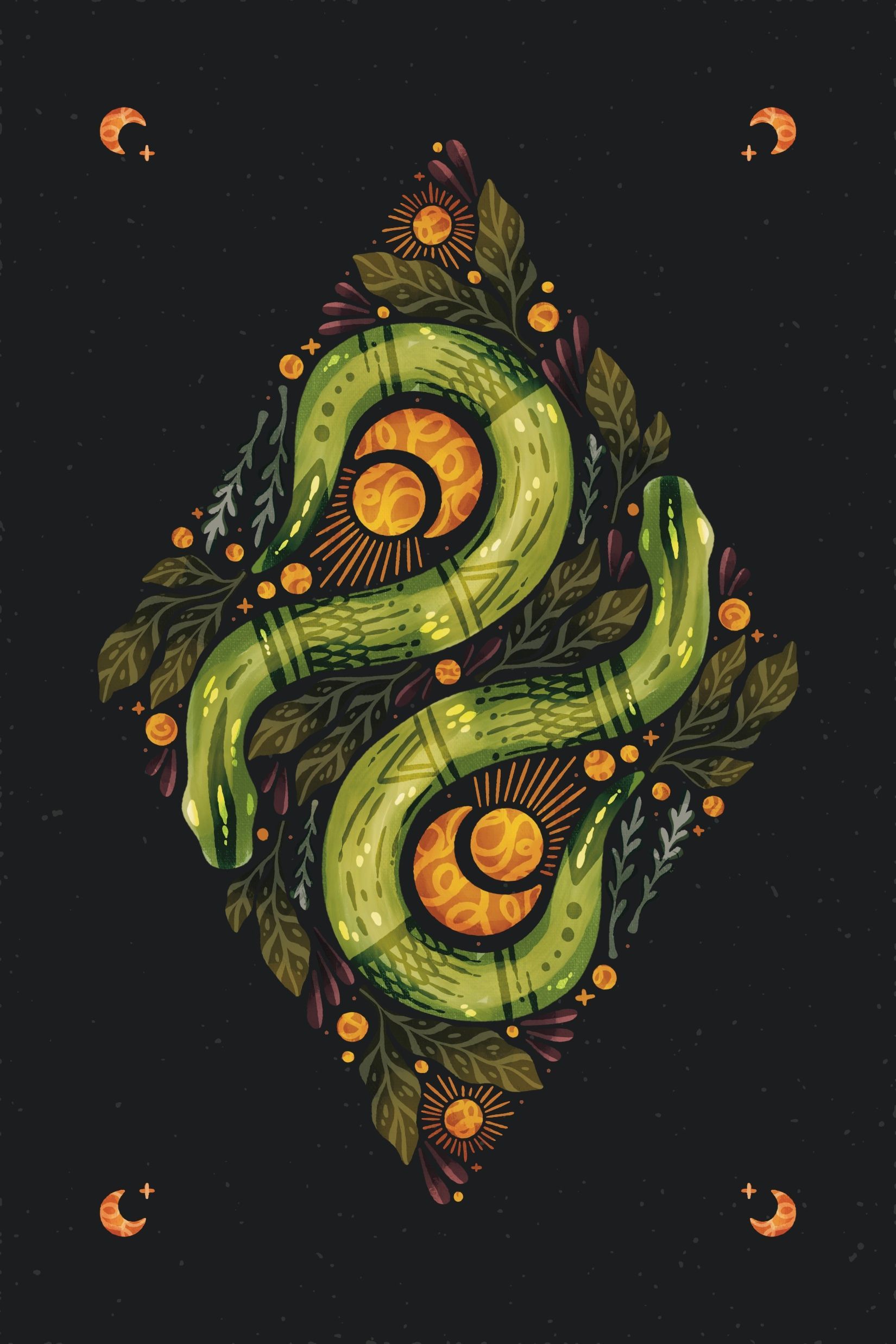Two emerald-green snakes coiled into a diamond shape, surrounded by leaves and golden celestial orbs on a black background.