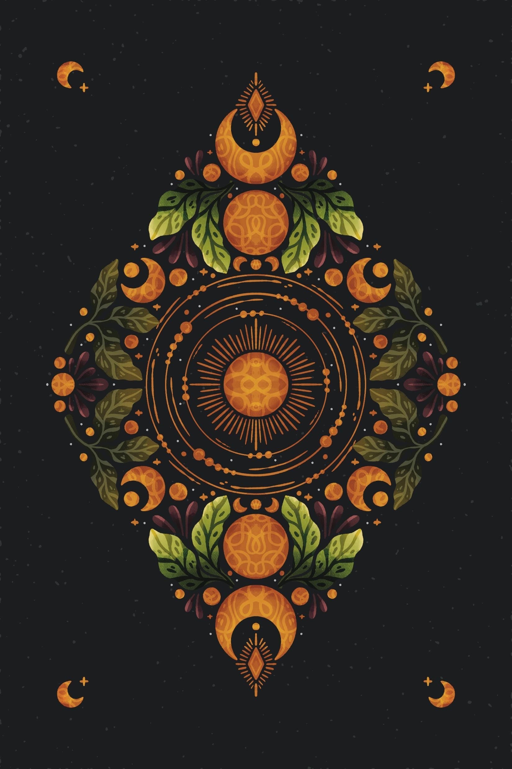 A dark, symmetrical, diamond-shaped illustration with orange celestial moons, a central sun, and green leafy accents.