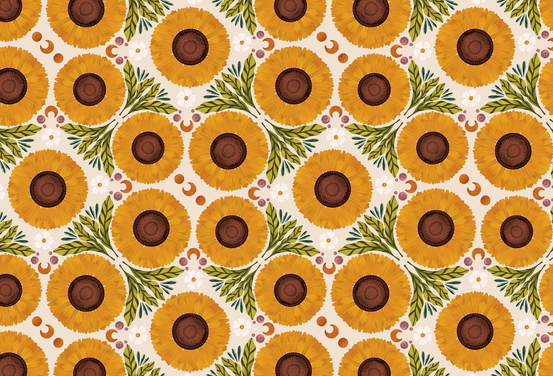 Repeating pattern of yellow sunflowers with dark brown centers and green leaves on a light, textured off-white background.