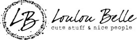 a black and white logo for a company called lou lou belle cute stuff and nice people .