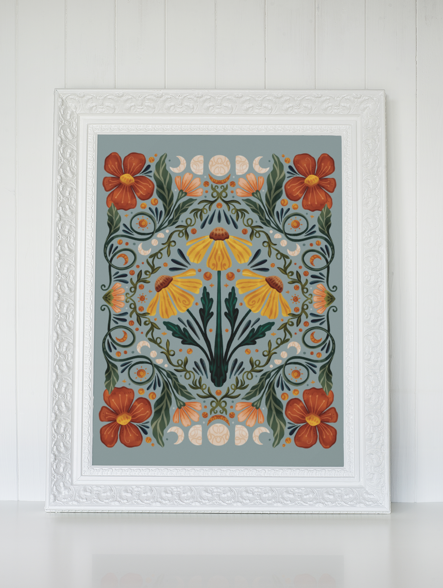 a framed painting of flowers and leaves with the words `` the magic never left your soul '' .