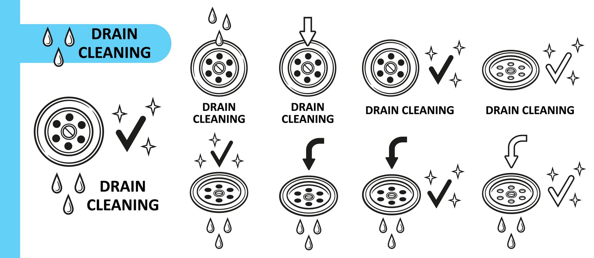 icons and symbols representing drain cleaning, clear water flow, and proper pipe maintenance