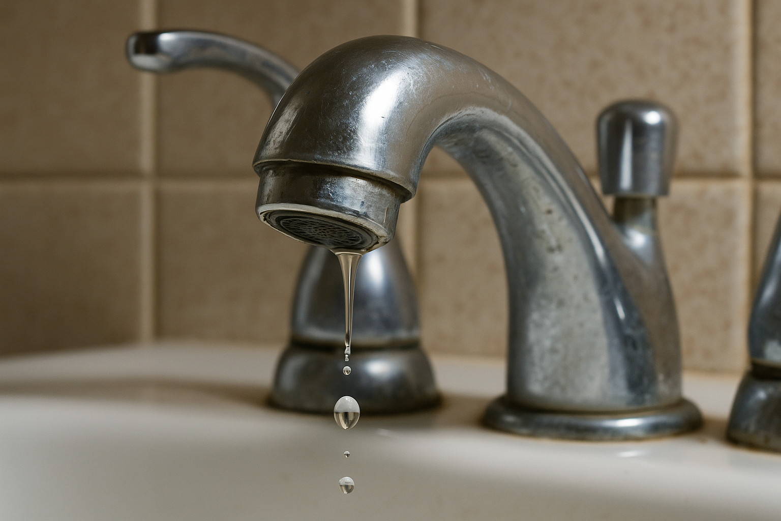 Close-up of a dripping bathroom faucet indicating a common plumbing leak issue.