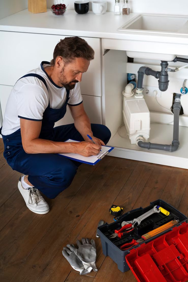 A plumber in overalls assesses the pipes under a kitchen sink while writing notes on a clipboard next to his toolbox.