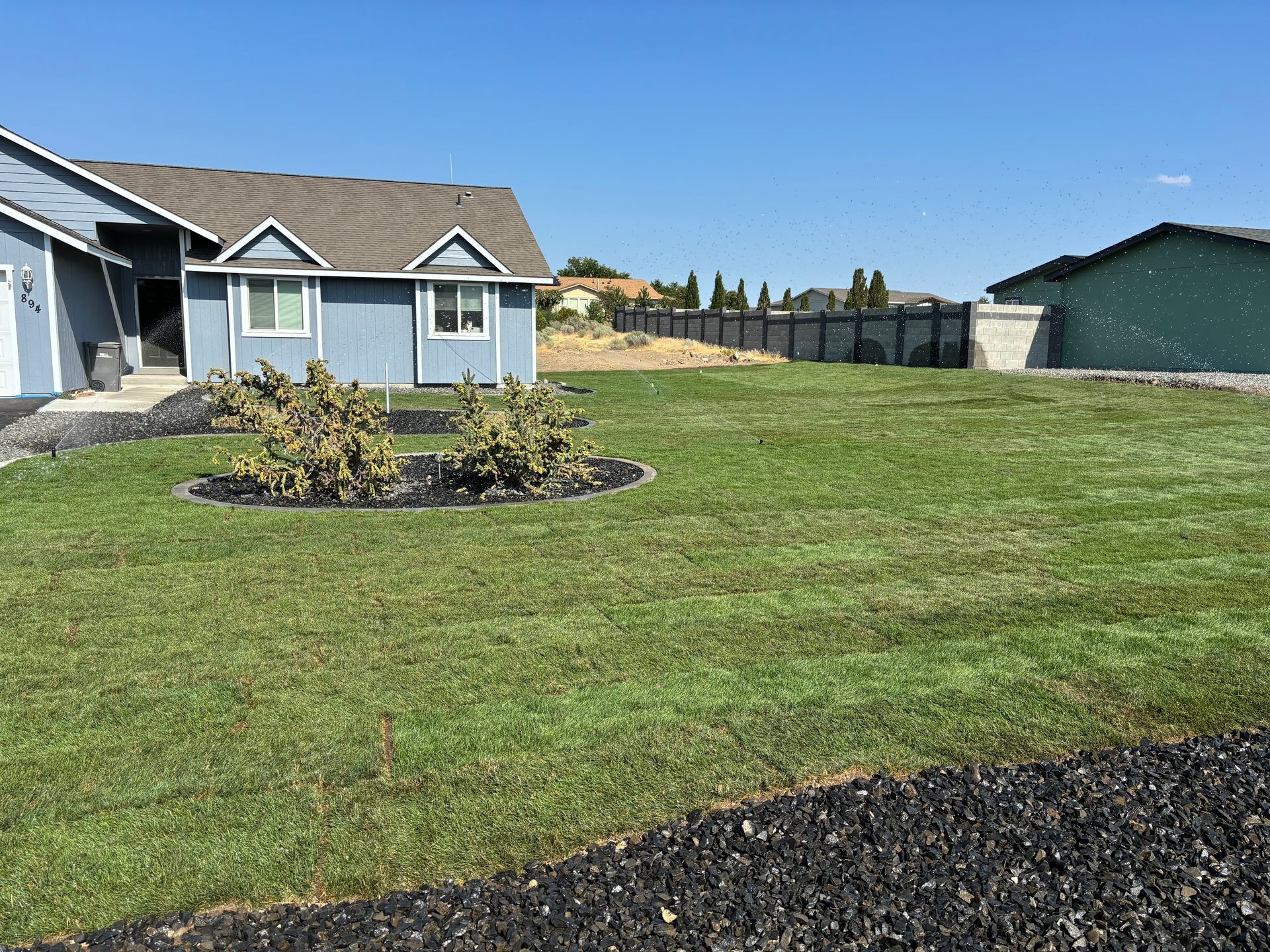 A blue house with two small shrubs in the front yard, next to a grassy lawn and a green house under a clear blue sky.