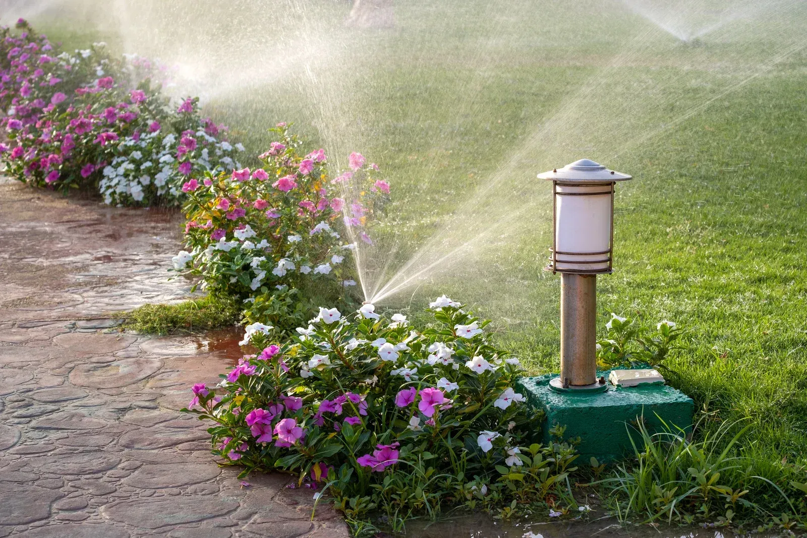 A lawn sprinkler waters colorful flowers and green grass next to a pathway with a landscape light.